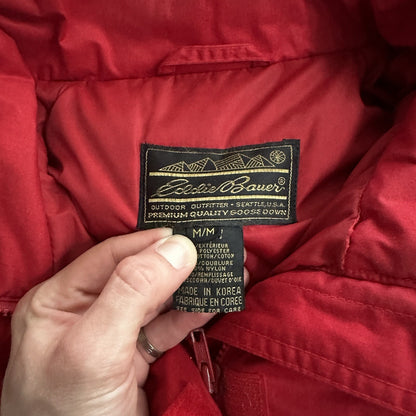 Vtg. Eddie Bauer Goose Down Red Snow Insulated Heavy Hooded Jacket 80s M Korea