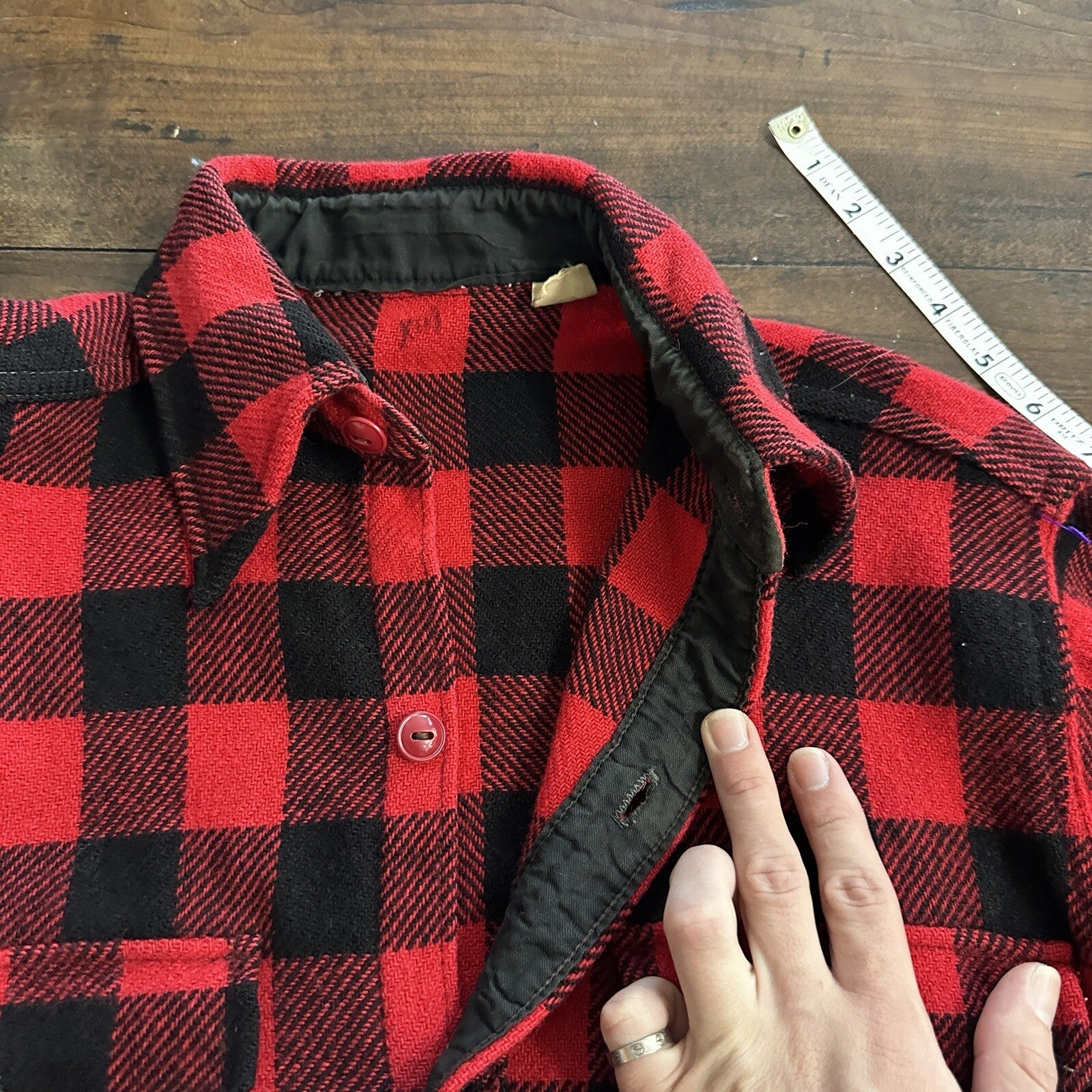 1950's vtg Buffalo Plaid Flannel L/S Jac Over Shirt Med Red Black 50s 60s Worn