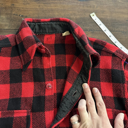 1950's vtg Buffalo Plaid Flannel L/S Jac Over Shirt Med Red Black 50s 60s Worn