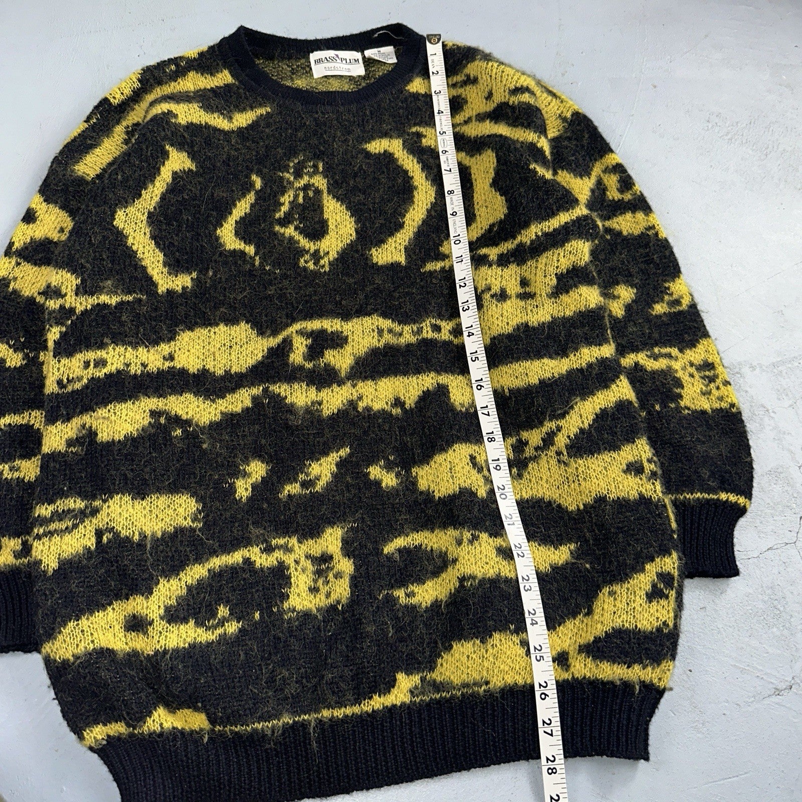 Vintage Nordstrom Brass Plum Nordic Yellow Black Wool Sweater M 80s Retro