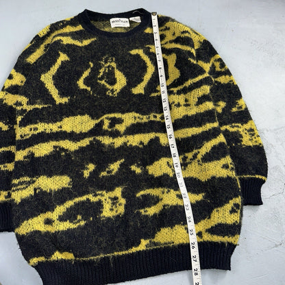 Vintage Nordstrom Brass Plum Nordic Yellow Black Wool Sweater M 80s Retro