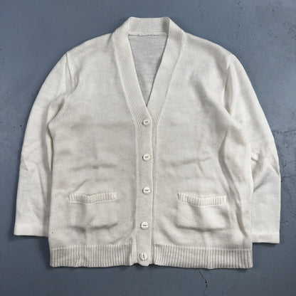 Vintage 1970s 70s White Basic Cardigan MCM Rockabilly Simple Acrylic 80s Preppy