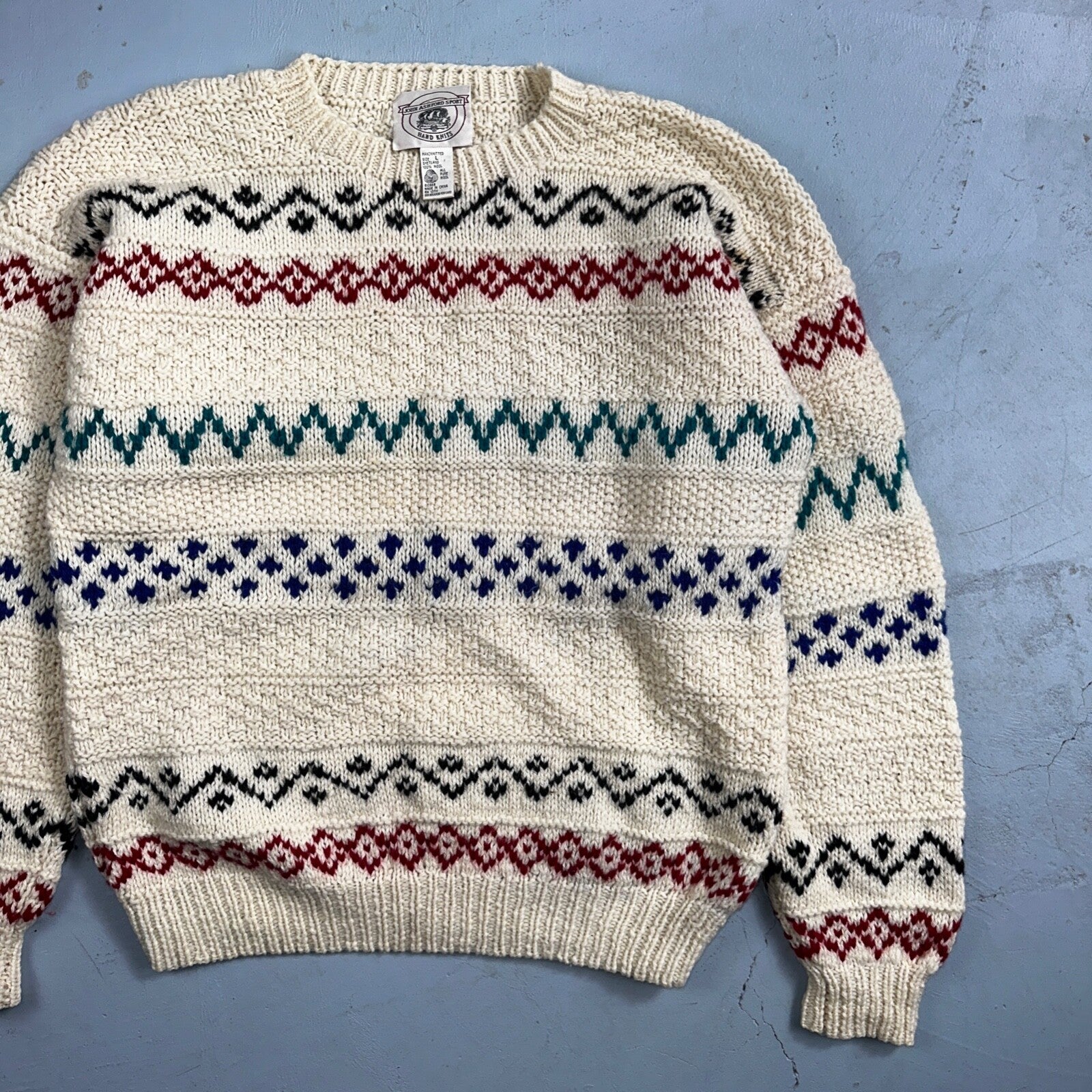John Ashford VTG 80s Sweater Mens L Cream Multi Wool Fair Isle Hand Knit Crew