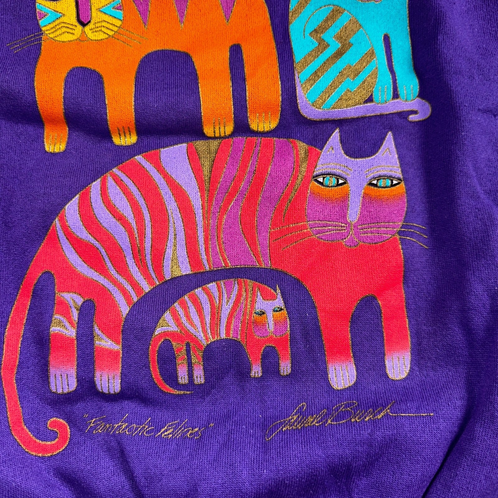 Laurel Burch VTG 1987 Pullover Fantastic Felines Purple Cat Sweatshirt XL NOS