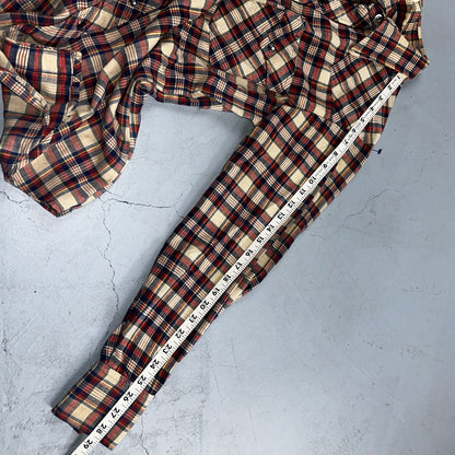 VTG Lee Men's Pearl Snap Extra Long Tails Western Shirt Red Plaid USA Medium 70s