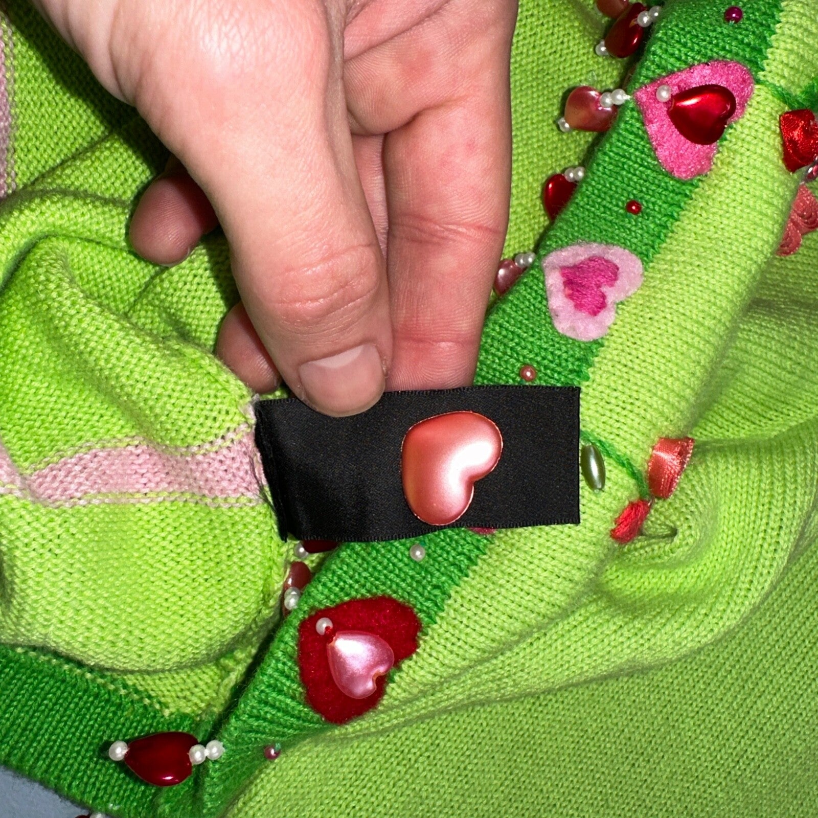 Michael Simon VTG 2000 Dragonfly Hearts Cardigan Sweater Green Valentines Day