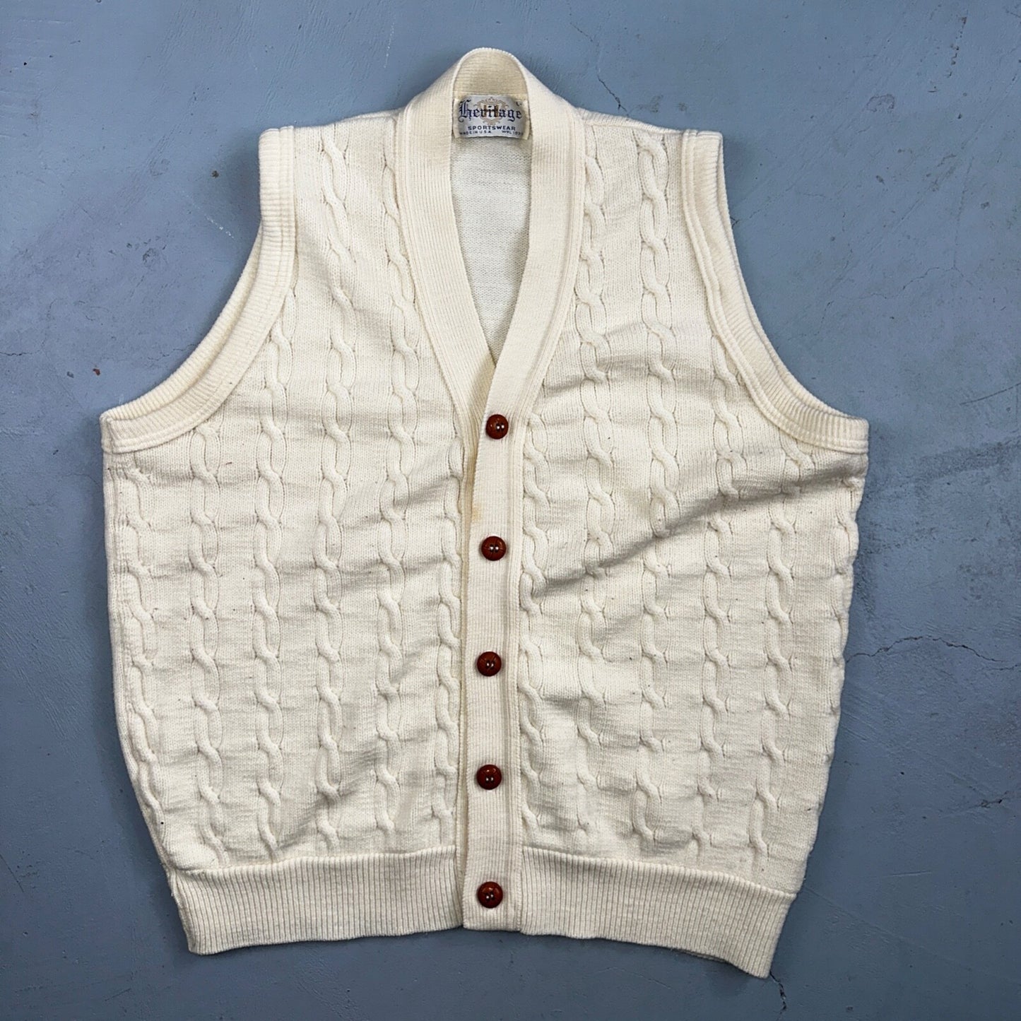 Vintage 70s Heritage Sweater Vest L Mens USA Crewneck Cream Cable Knit Fisherman