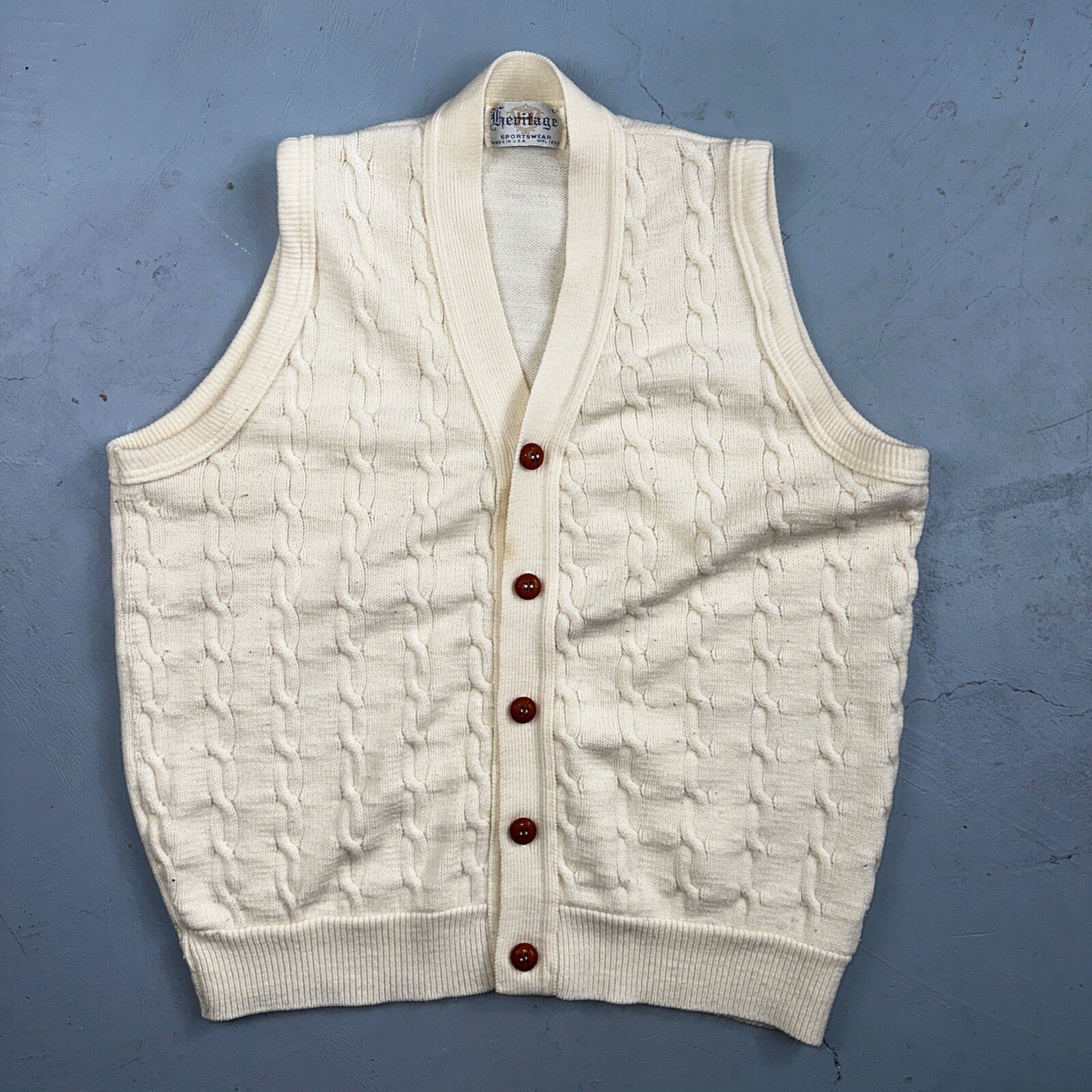 Vintage 70s Heritage Sweater Vest L Mens USA Crewneck Cream Cable Knit Fisherman