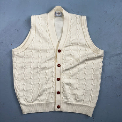 Vintage 70s Heritage Sweater Vest L Mens USA Crewneck Cream Cable Knit Fisherman