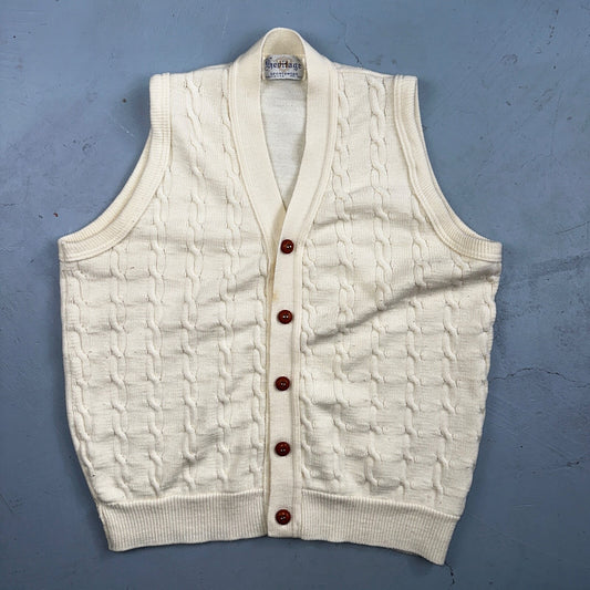 Vintage 70s Heritage Sweater Vest L Mens USA Crewneck Cream Cable Knit Fisherman