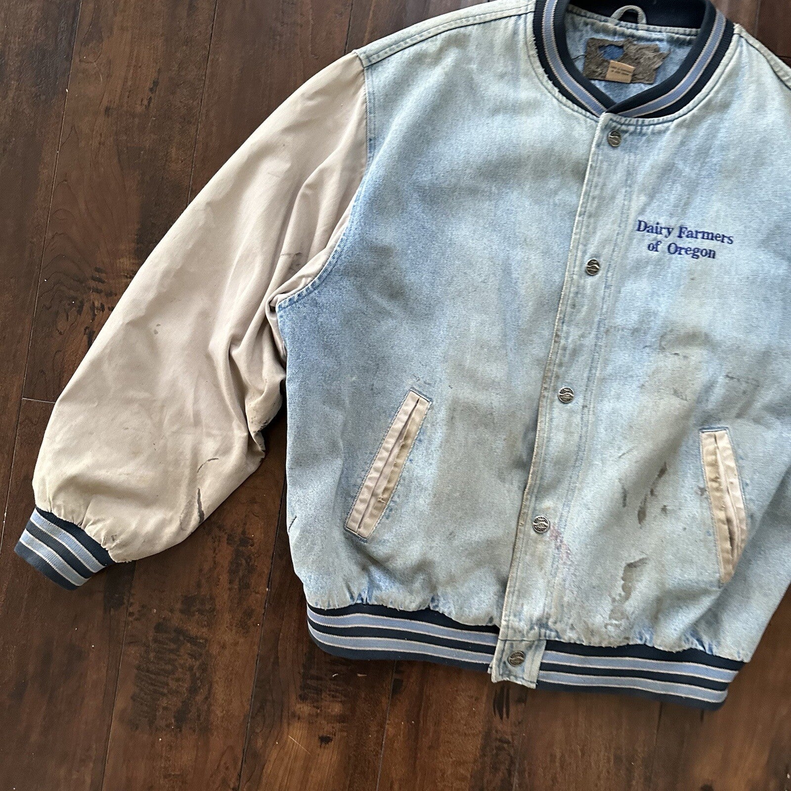 Vintage Oregon 90s Denim Varsity Jacket Bomber Salem Auto NASCAR Racing Thrashed