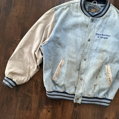 Vintage Oregon 90s Denim Varsity Jacket Bomber Salem Auto NASCAR Racing Thrashed