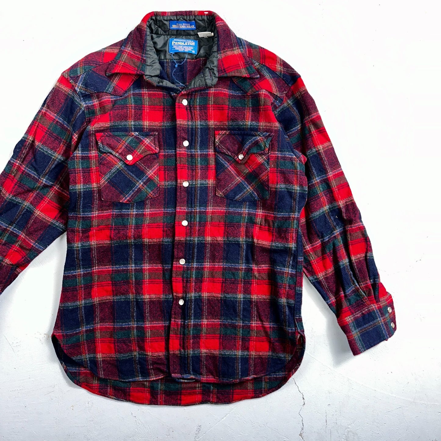 Pendleton VTG 100% Virgin Wool Western Plaid Shirt Pearl Snap Red High Grade