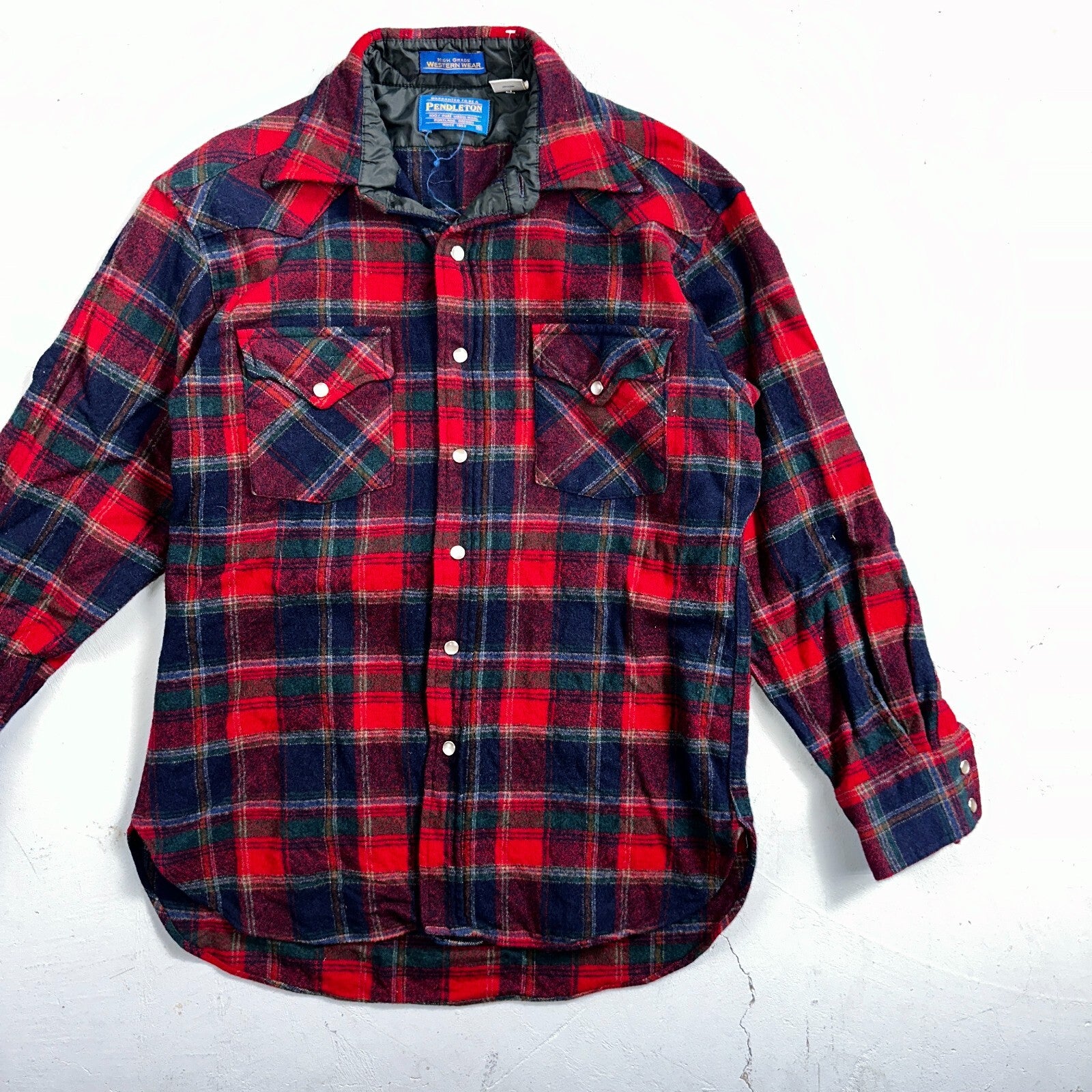 Pendleton VTG 100% Virgin Wool Western Plaid Shirt Pearl Snap Red High Grade