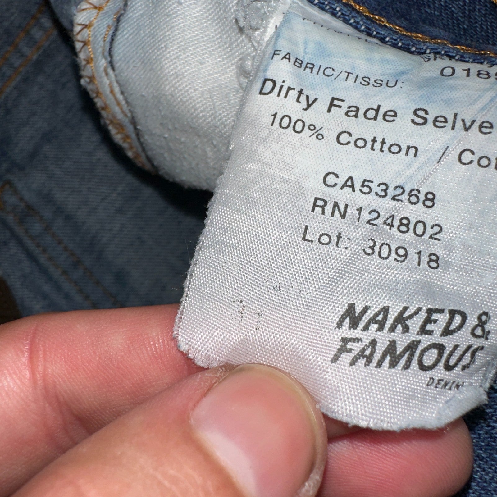 Naked & Famous Jeans Mens 30x36 Blue Dirty Fade Selvedge Denim Skinny Guy