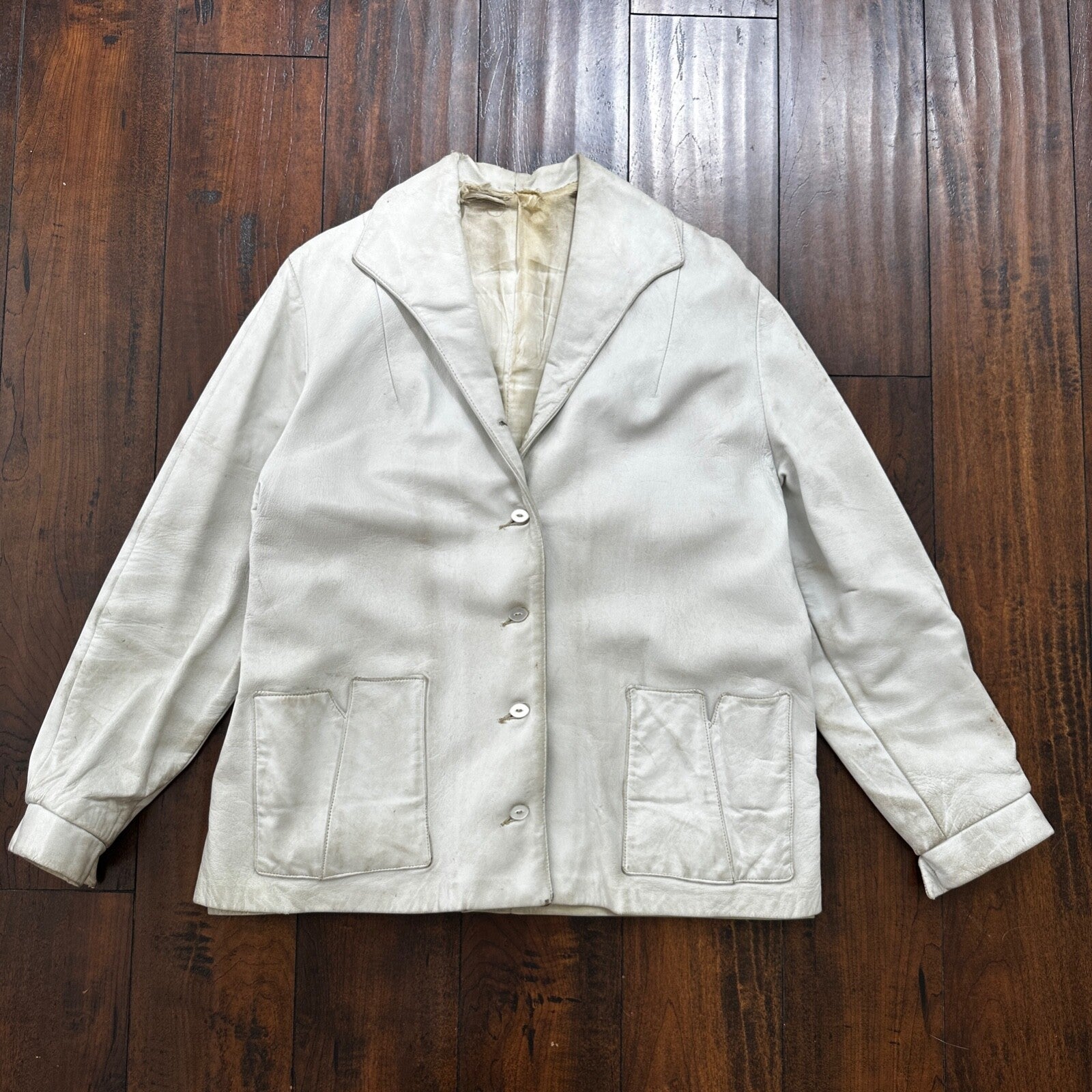 VTG White Leather Western Rancher Jacket 1960s Rockabilly Unisex 60s 50s Button