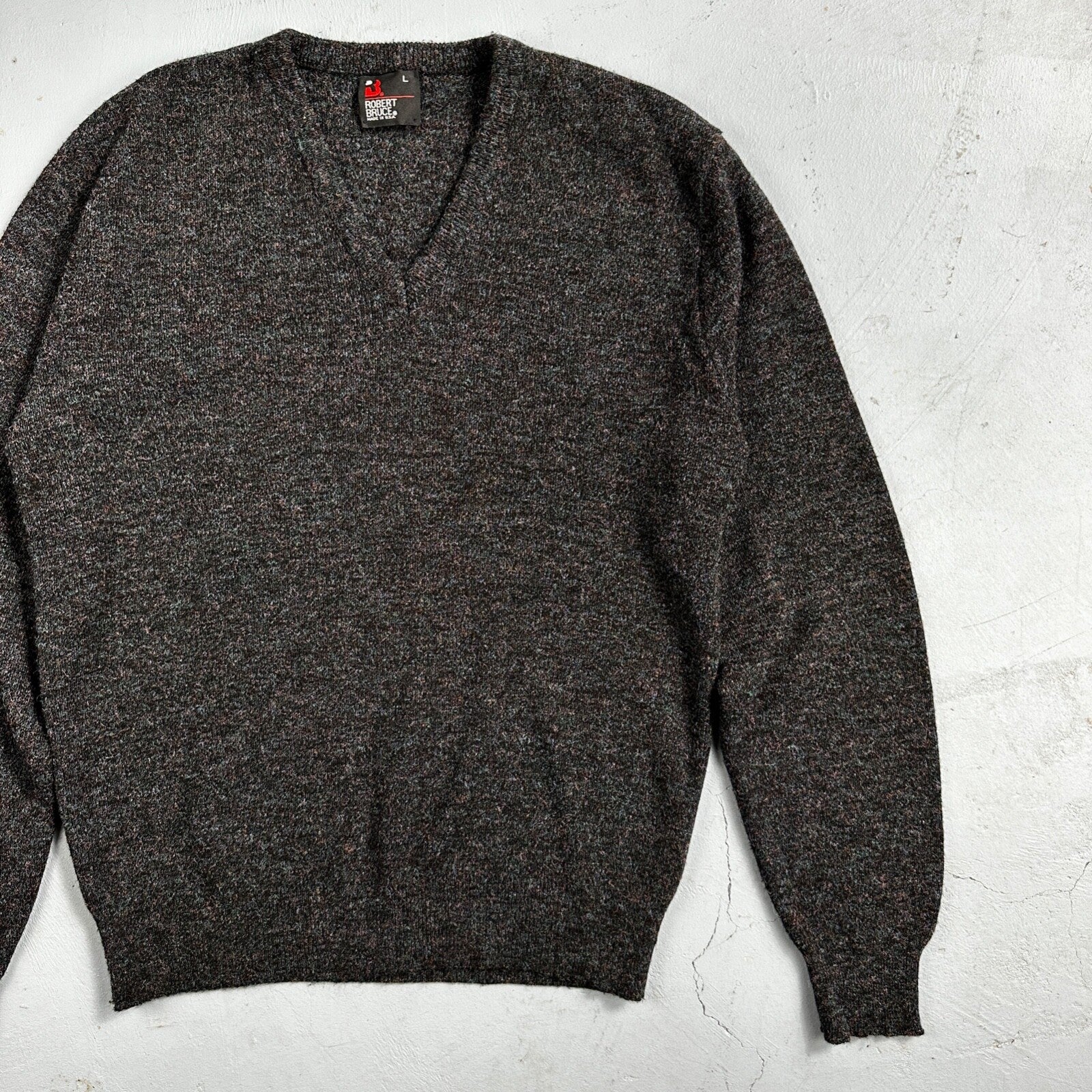 Robert Bruce Vintage Sweater Mens L Gray V Neck Knit Pullover 90s