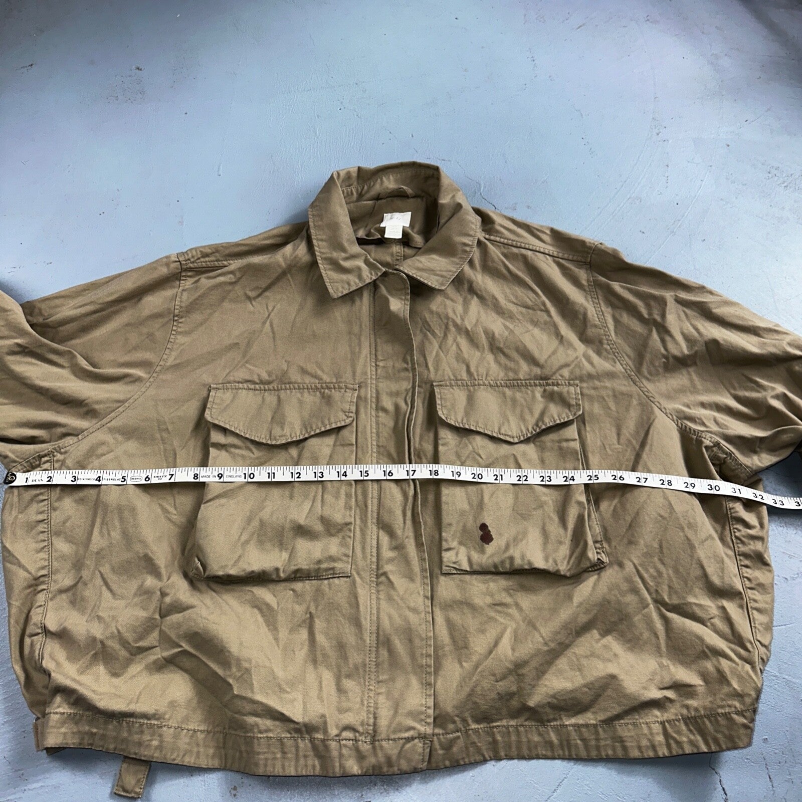 H&M Women’s Boxy Twill Jacket Beige Size XL Military Vintage Crop Style Stained