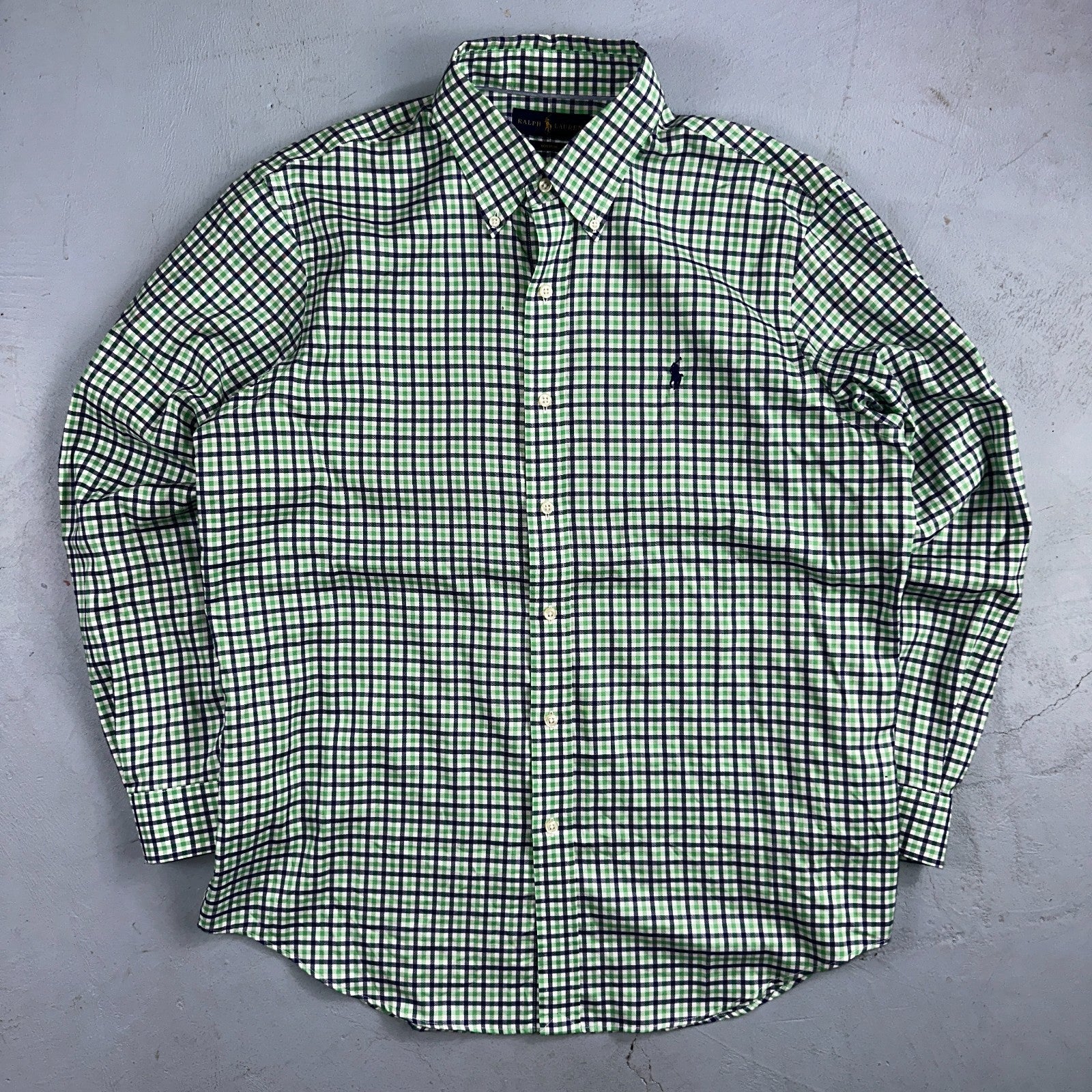 Ralph Lauren Shirt Mens Large Green Blue Tattersall Button Up Preppy Non Iron