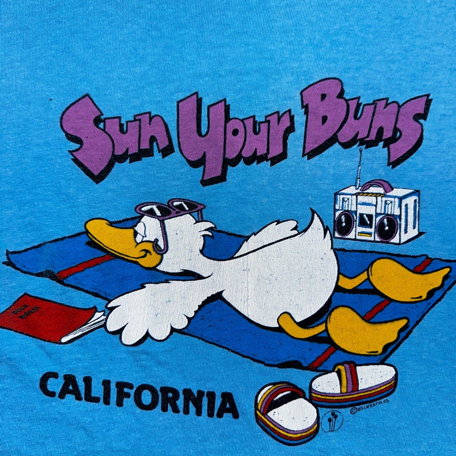Hanes Beefy Sun Your Buns California VTG T Shirt 80s Duck Cute Beach Art Radio