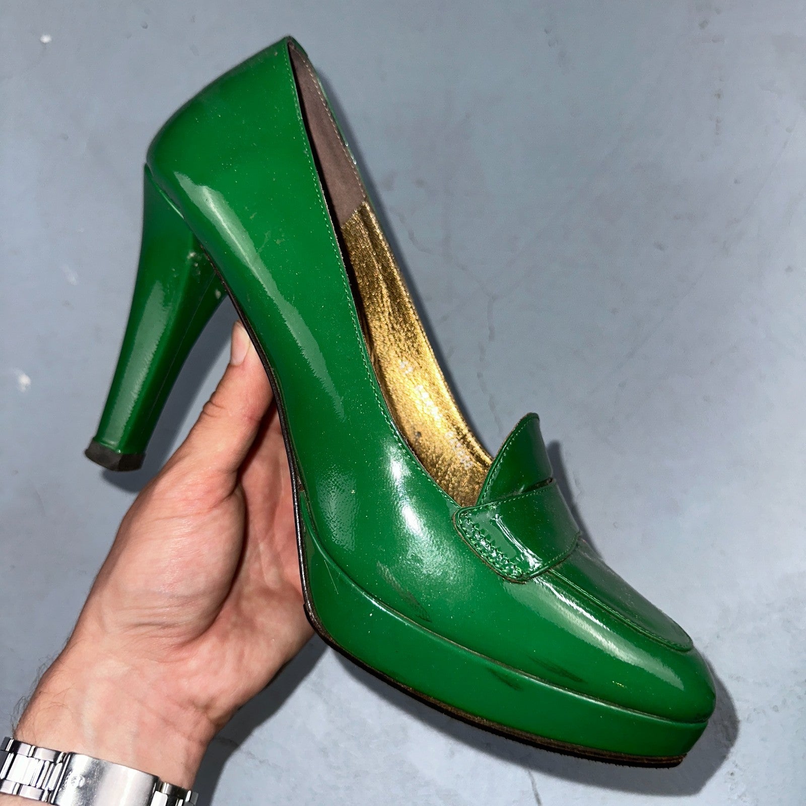 Boden Shoes Women's Size 41 Green Casadei Heel Pump Made In Italy Patent Leather