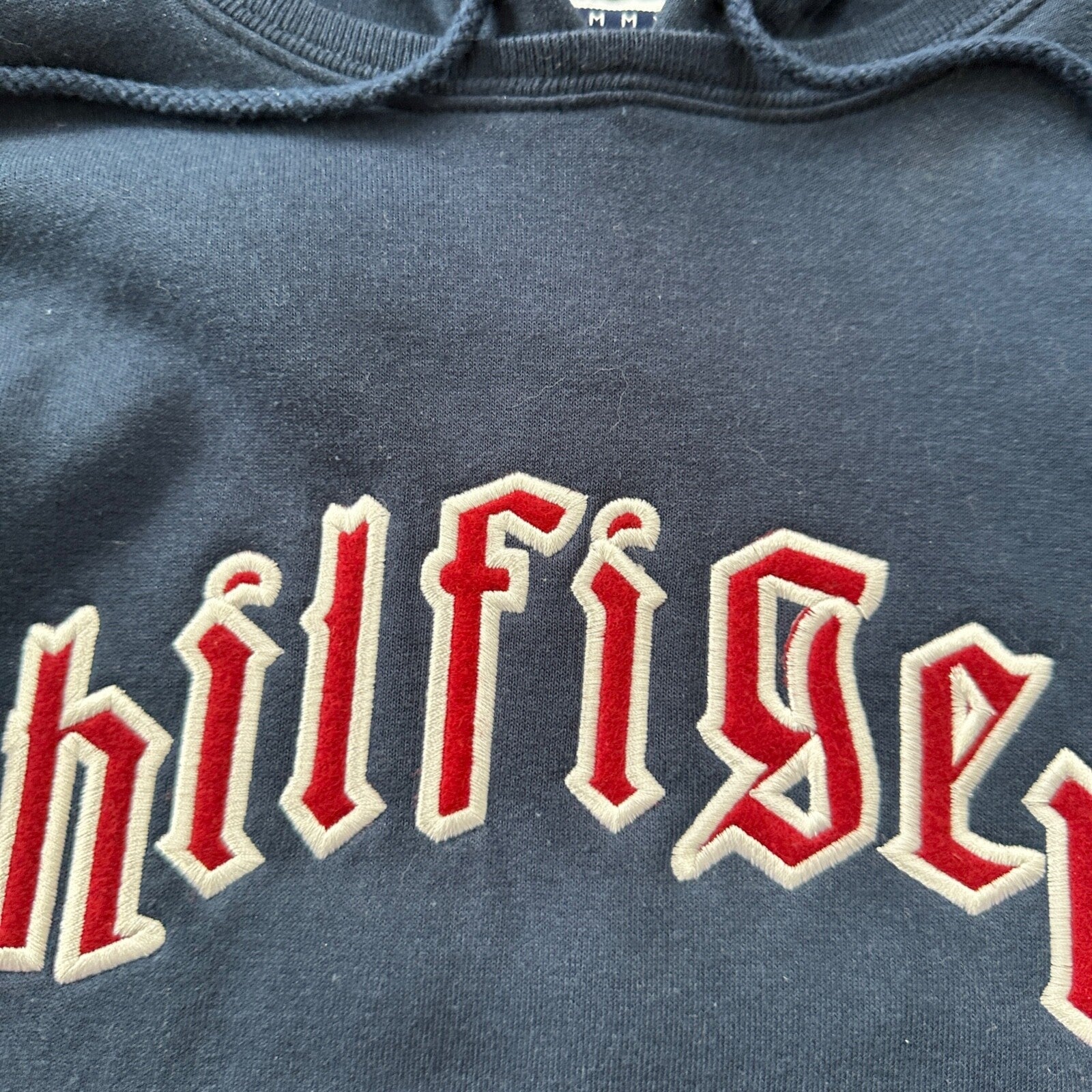 VTG Tommy Hilfiger Blue Pullover Hoodie Embroidered Size Small 90s Spellout