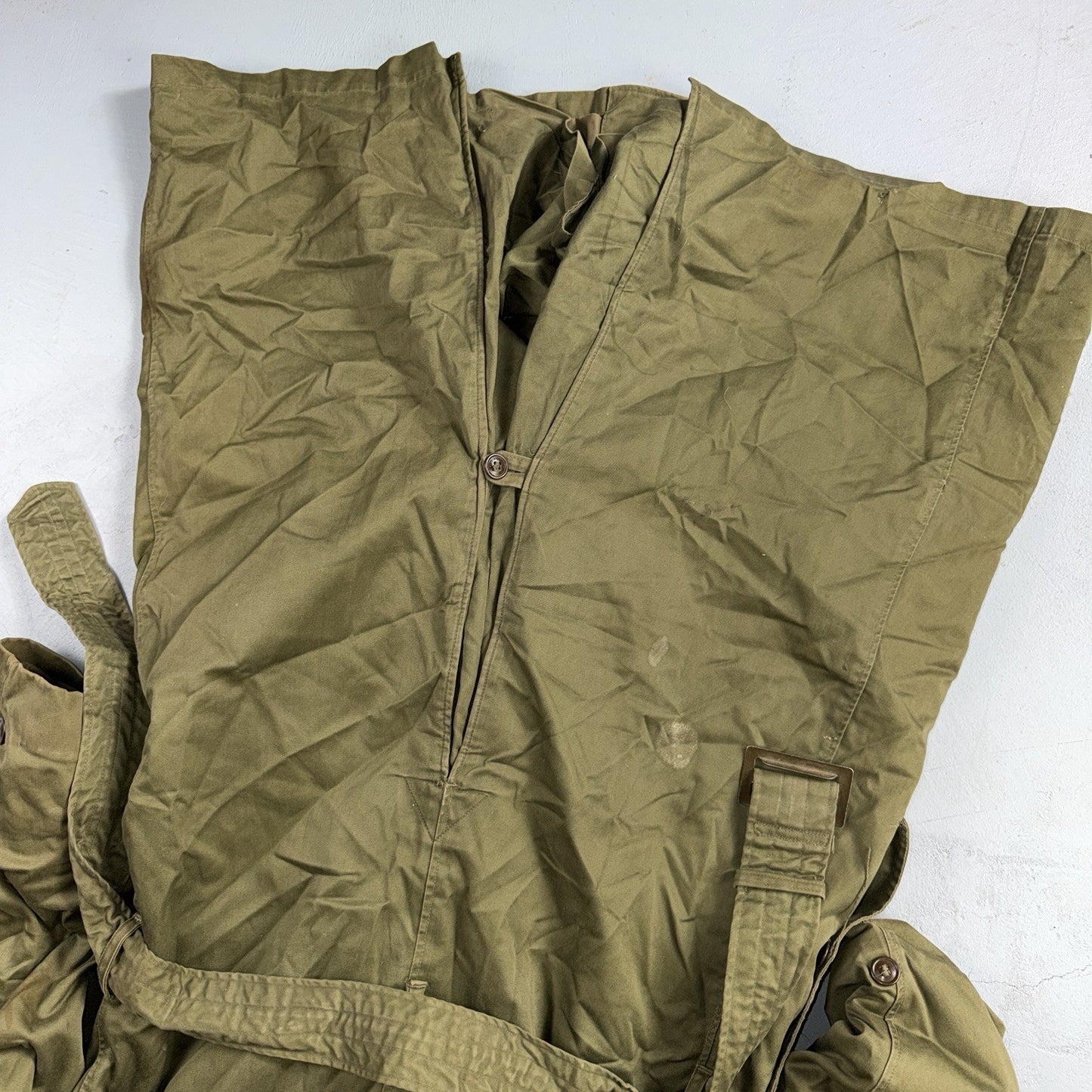 1950 US Army OD-7 Overcoat Cotton No Liner Korean War Trench Coat Belted OG 107