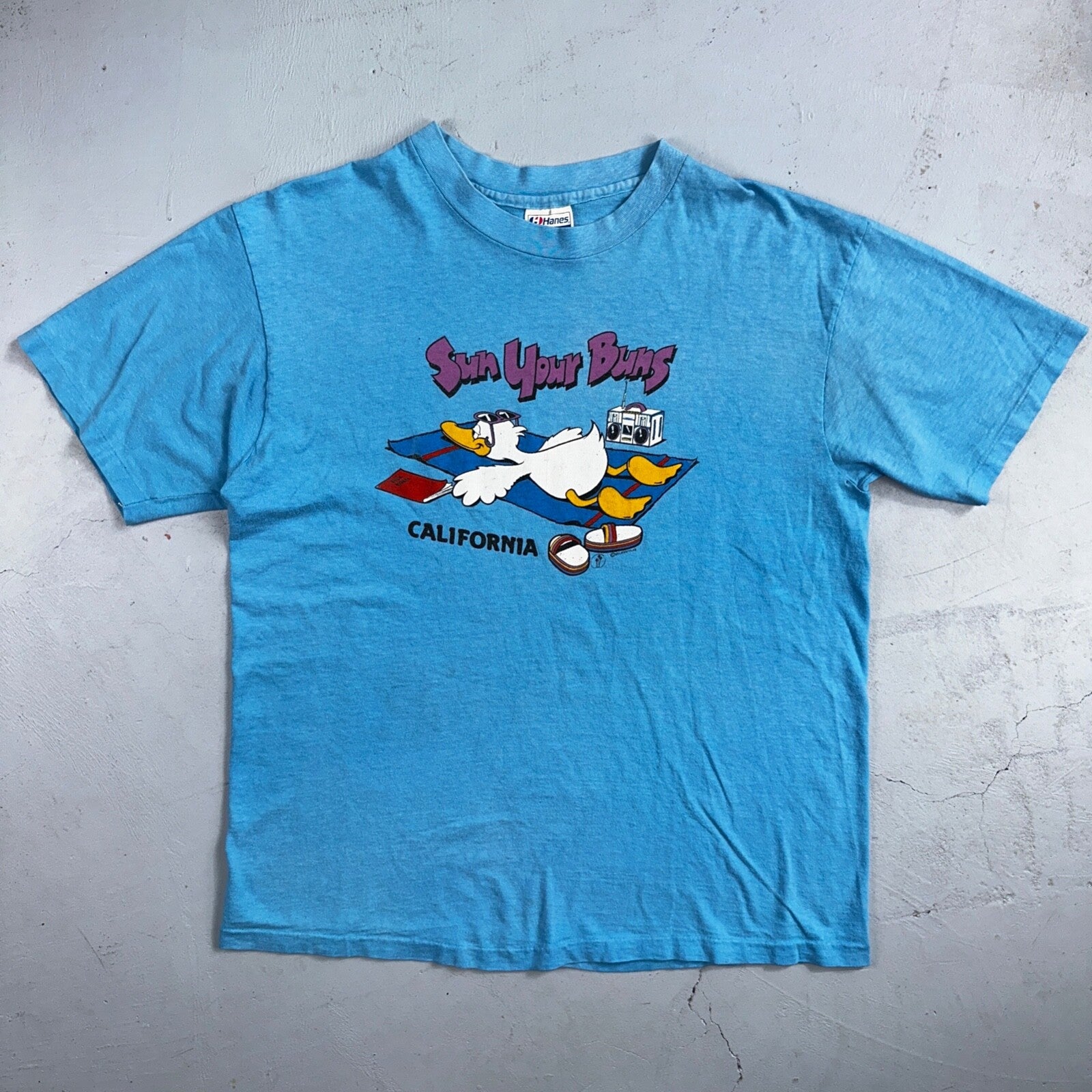 Hanes Beefy Sun Your Buns California VTG T Shirt 80s Duck Cute Beach Art Radio
