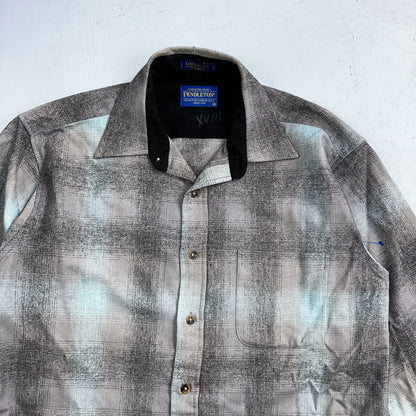 Pendleton Lodge Button Up Shirt Men's Medium Wool Plaid Gray Teal Pocket