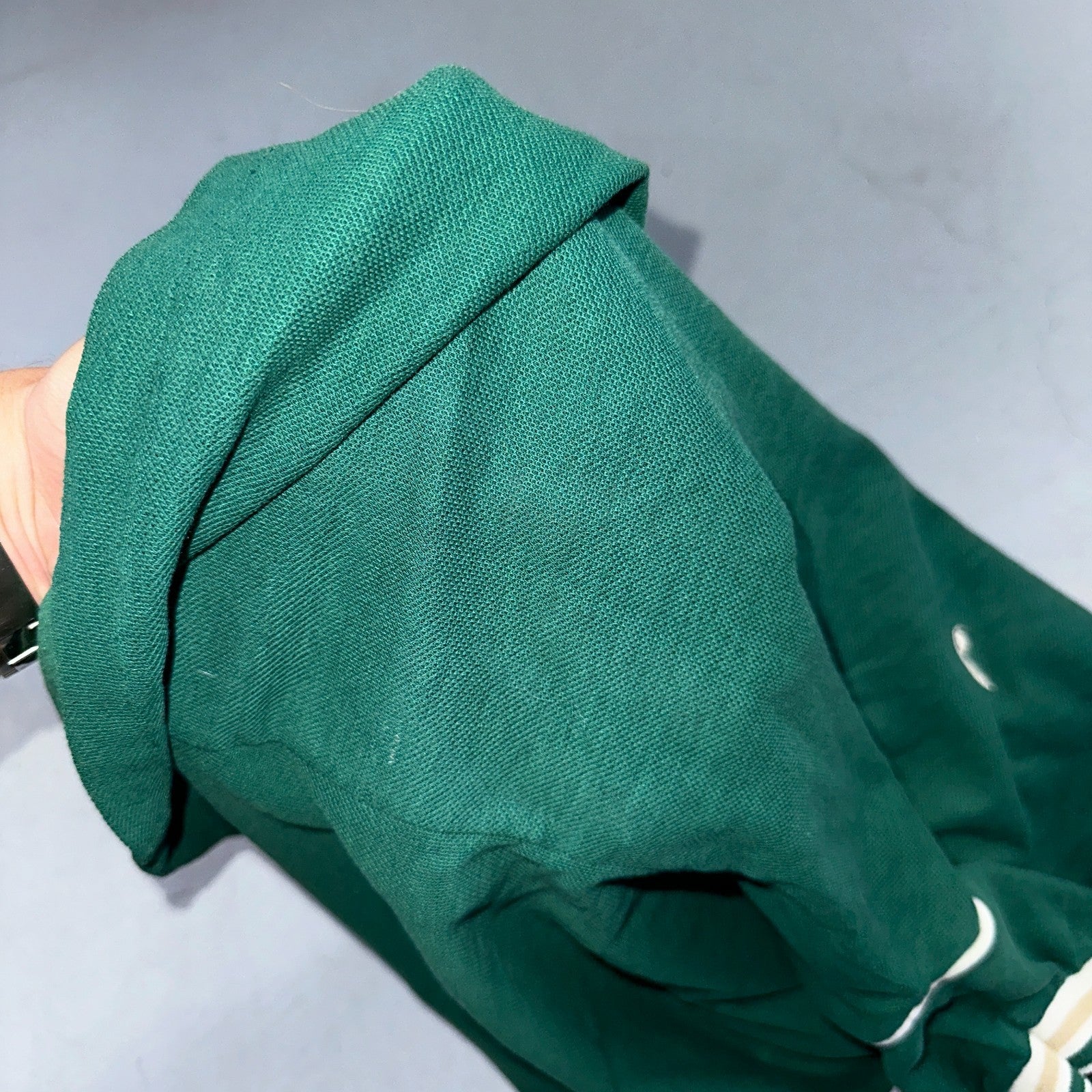 VTG JANTZEN Mens Polo Shirt Striped Collar Small Green White Jersey Cool 80s USA