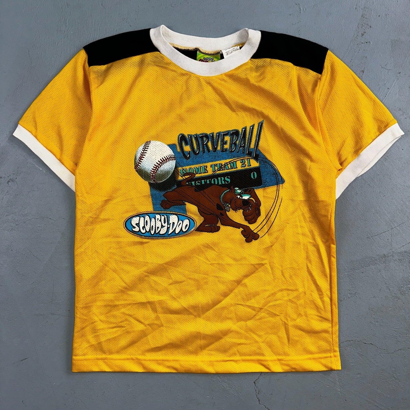 Vintage Scooby Doo Curveball Shirt Boys Size 12 Yellow Jersey Baseball 2000 Y2K