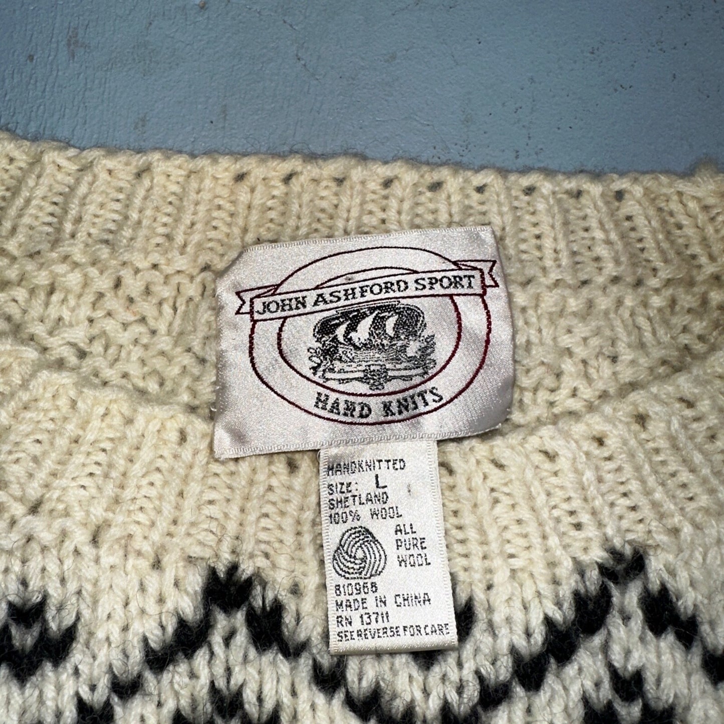 John Ashford VTG 80s Sweater Mens L Cream Multi Wool Fair Isle Hand Knit Crew