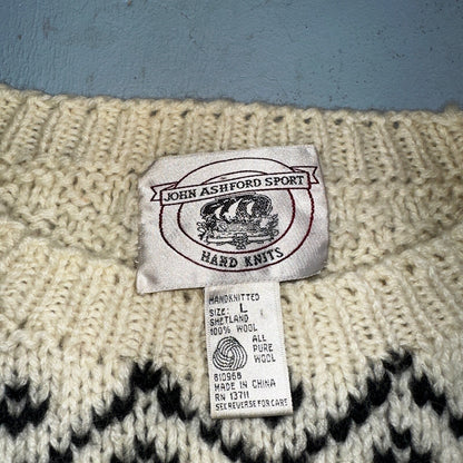John Ashford VTG 80s Sweater Mens L Cream Multi Wool Fair Isle Hand Knit Crew