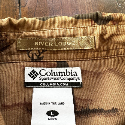 Columbia Mens River Lodge Deer Print Shirt L Brown Buck Hunting Camo