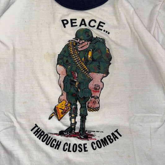 1970s Army Peace Through Combat Soldier VTG T Shirt 70s Playboy Ringer Graphic