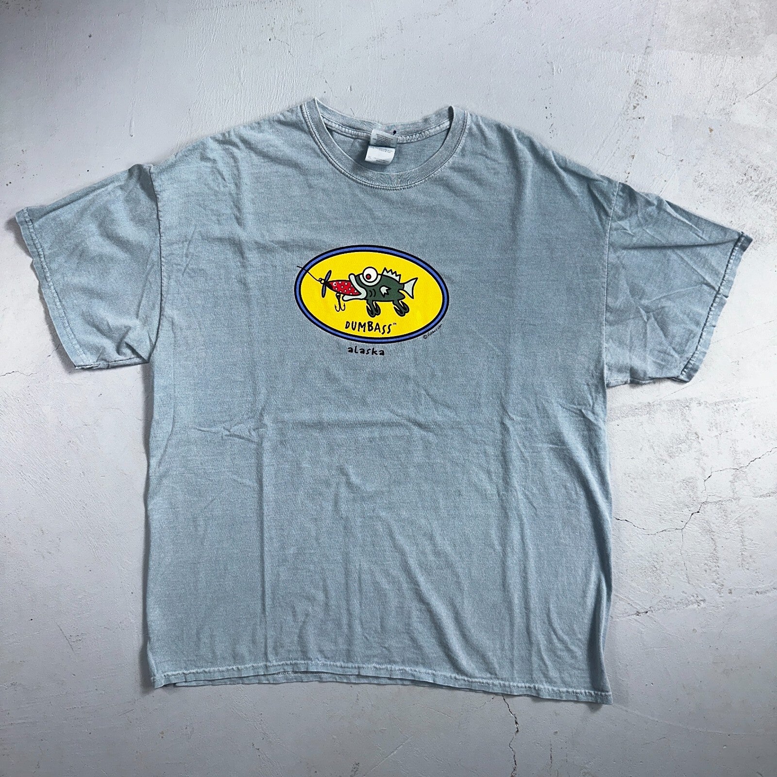 Alaska Fish Funny VTG T Shirt Fishboy Humor Joke Idiot Laugh Out Loud Faded Blue