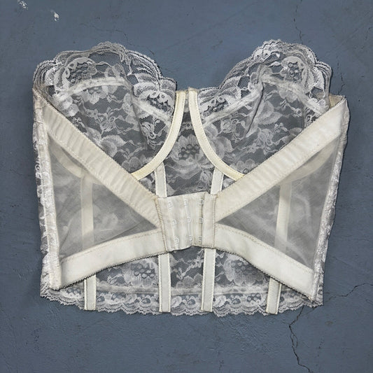 Vintage 60s Wynette Lingerie White Floral Lace Bustier Corset Top Women's 34D