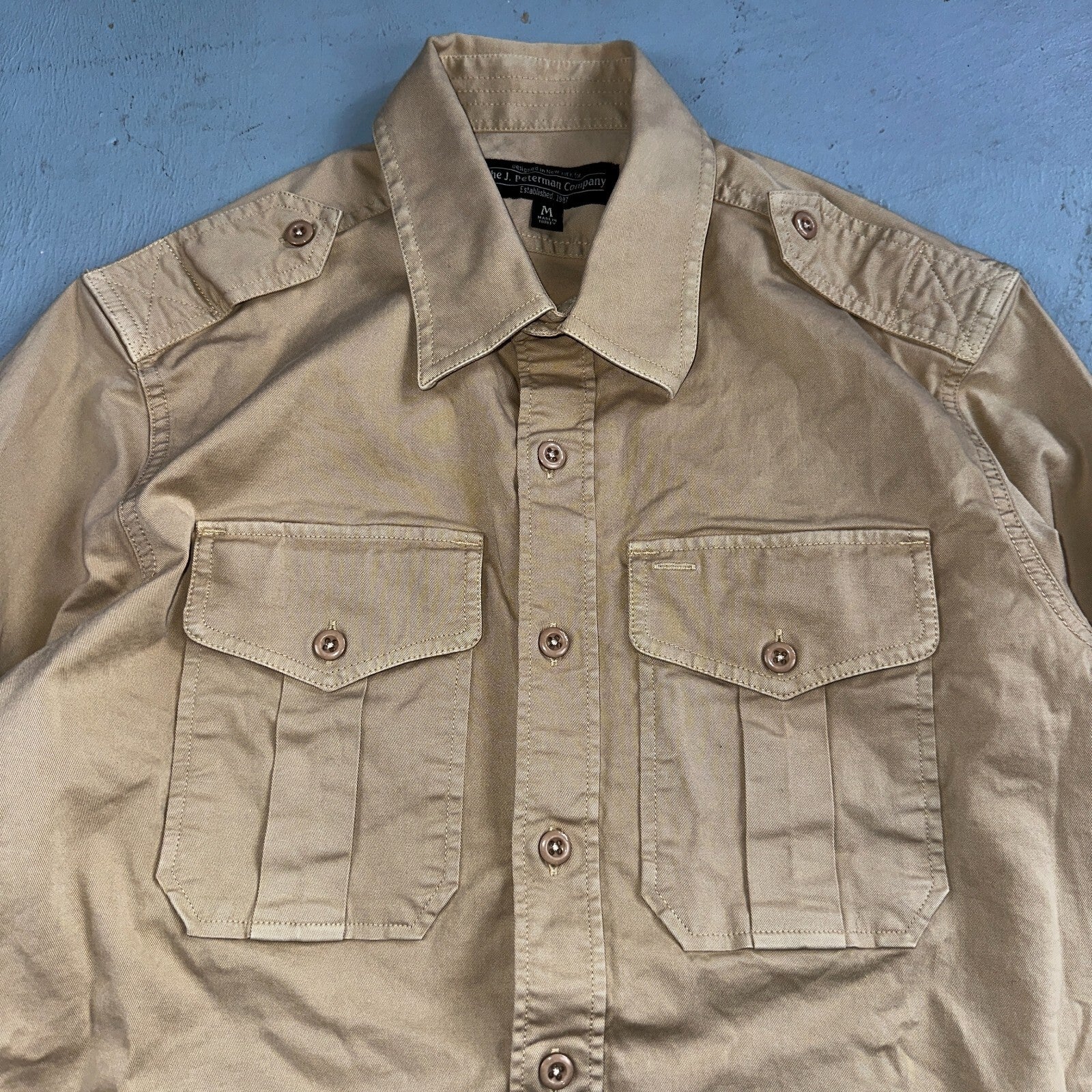 J Peterman Shirt Mens M Khaki Officer & Gentleman Field Shirt Safari Outdoor VTG