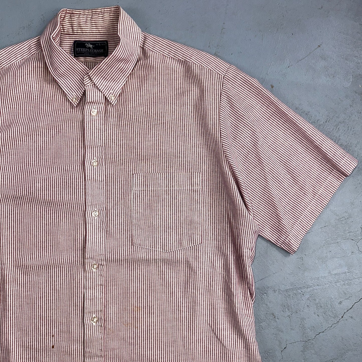 Steeple Chase Button Up Shirt Mens Large Short Sleeve Stripe Made In USA Red