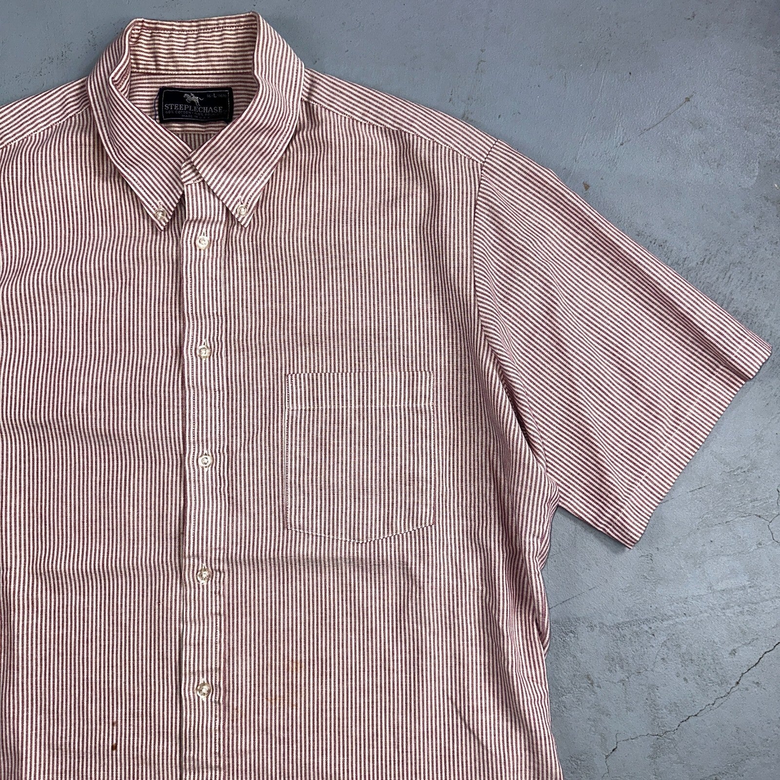 Steeple Chase Button Up Shirt Mens Large Short Sleeve Stripe Made In USA Red