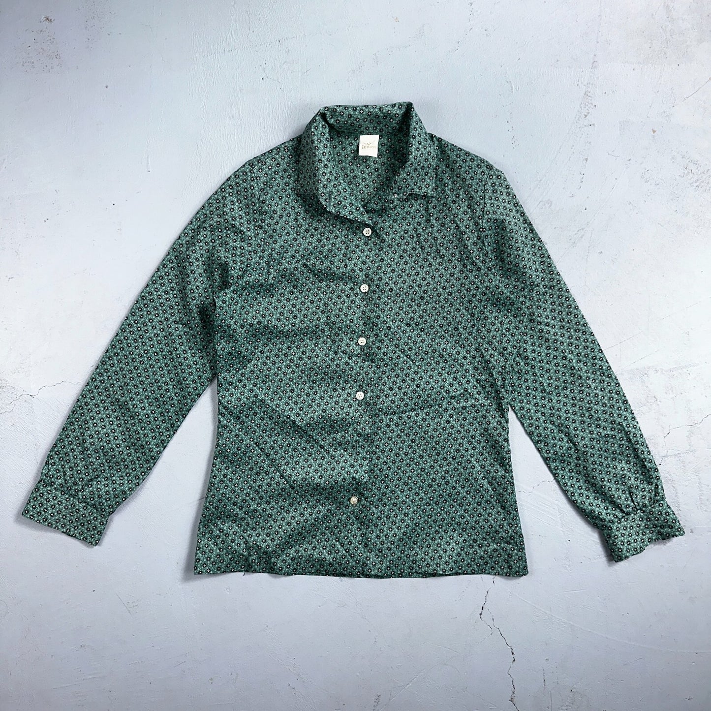 VTG 60s Jantzen Womens Top 12 Green Button Long Sleeve Shirt Flowers USA