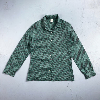 VTG 60s Jantzen Womens Top 12 Green Button Long Sleeve Shirt Flowers USA
