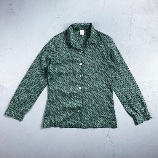 VTG 60s Jantzen Womens Top 12 Green Button Long Sleeve Shirt Flowers USA
