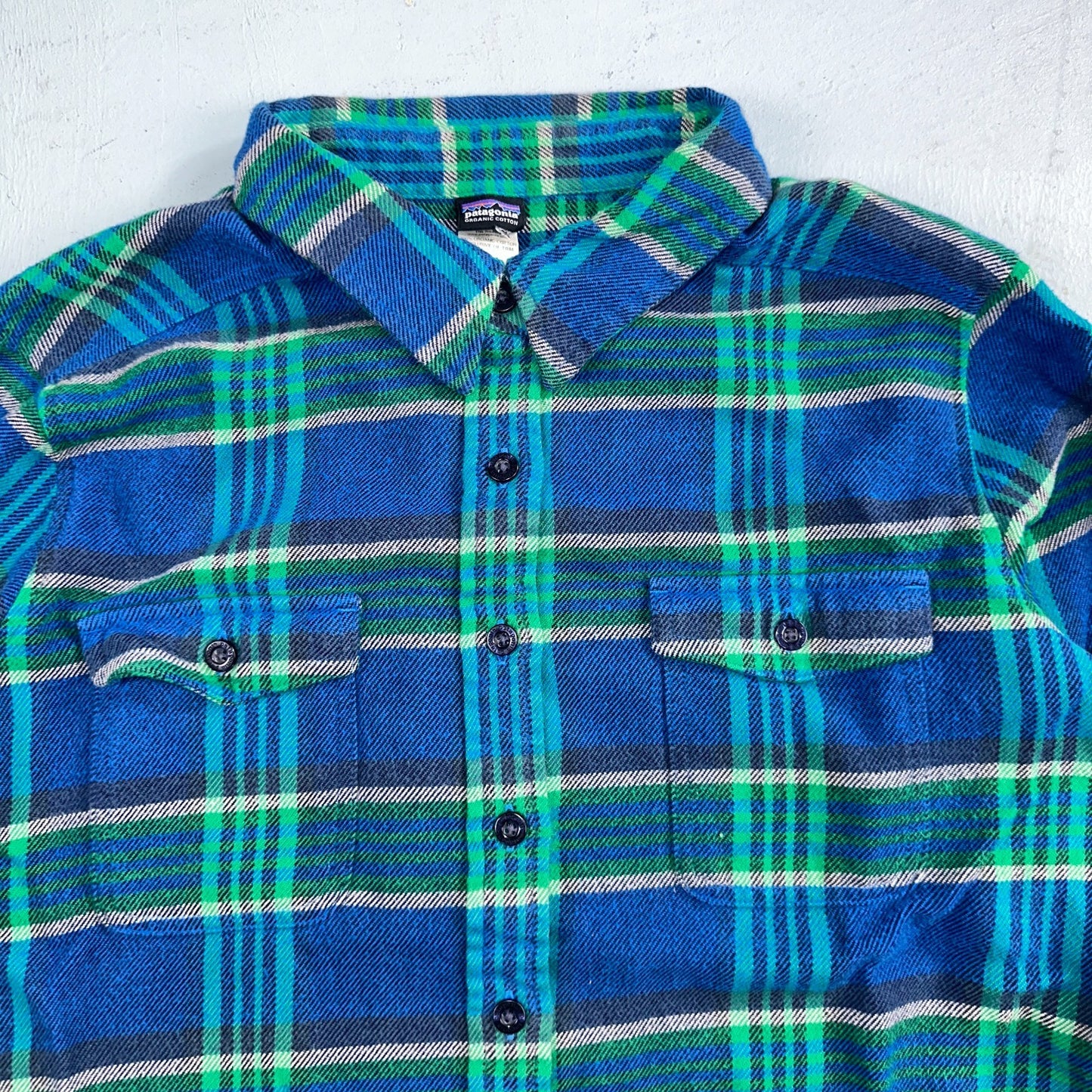 Patagonia Womens 14 Heavy Flannel Long Sleeve Shirt Button Up Blue Green Plaid