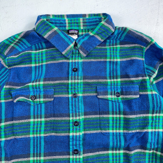 Patagonia Womens 14 Heavy Flannel Long Sleeve Shirt Button Up Blue Green Plaid