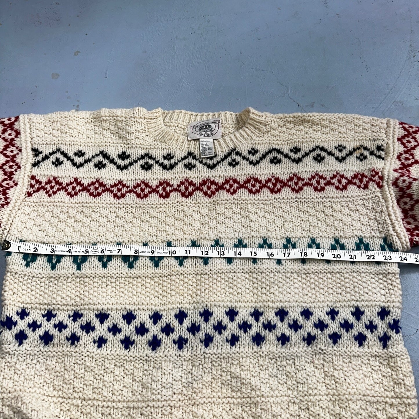 John Ashford VTG 80s Sweater Mens L Cream Multi Wool Fair Isle Hand Knit Crew