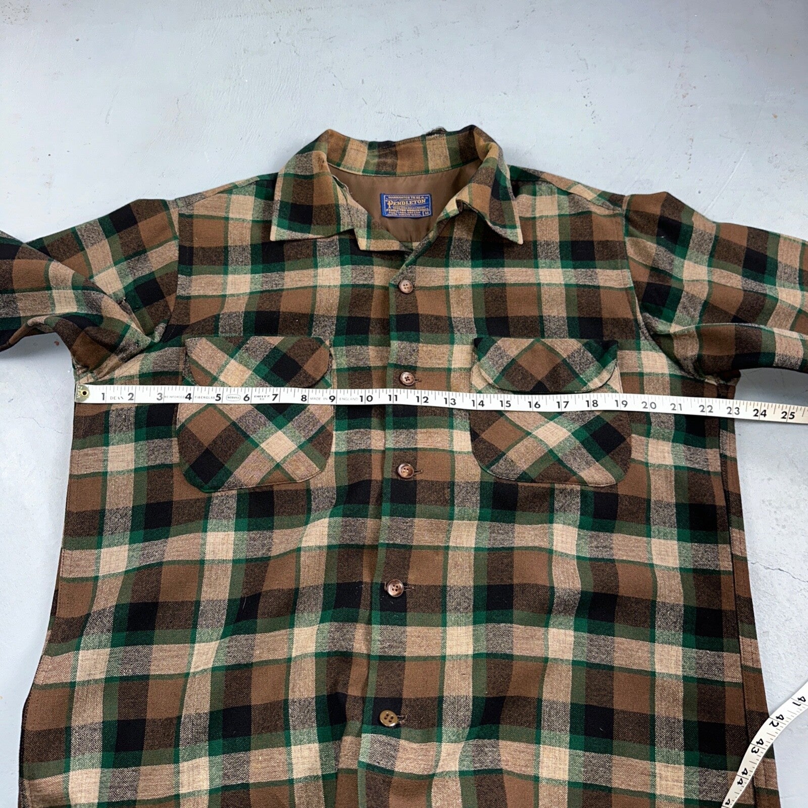 Pendleton 1950s Loop Collar Board Shirt Wool Plaid Flannel Shirts Brown Green M