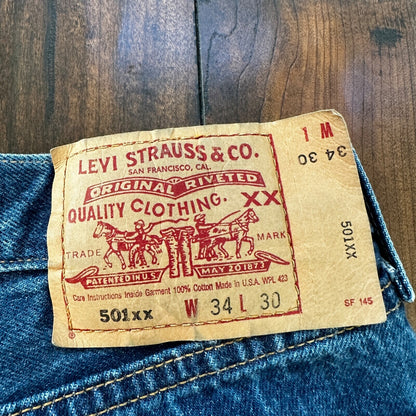 VTG Levis 501 XX Button Fly 90s USA Jeans Denim Straight Capri 34x30 Act 30x26