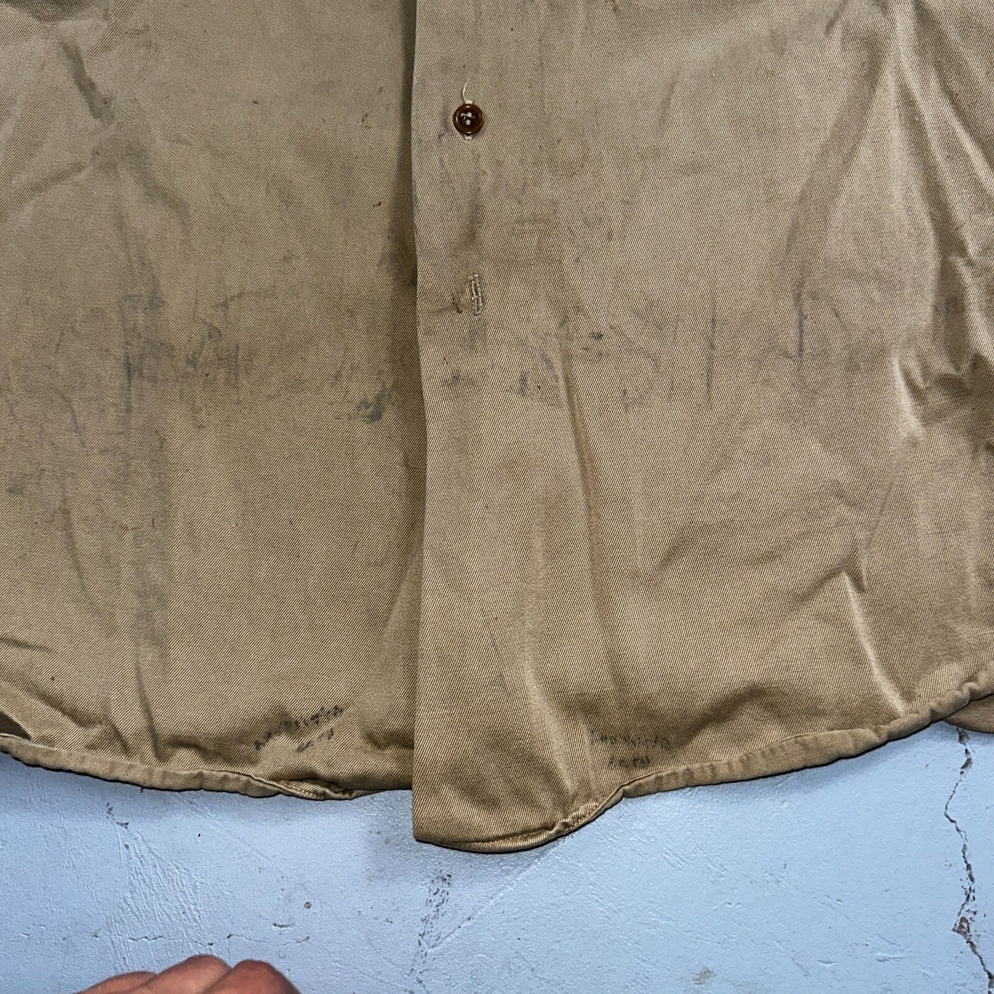Vintage 40s WWII Gusset Khaki Work Army Military Button Shirt Stencil USN