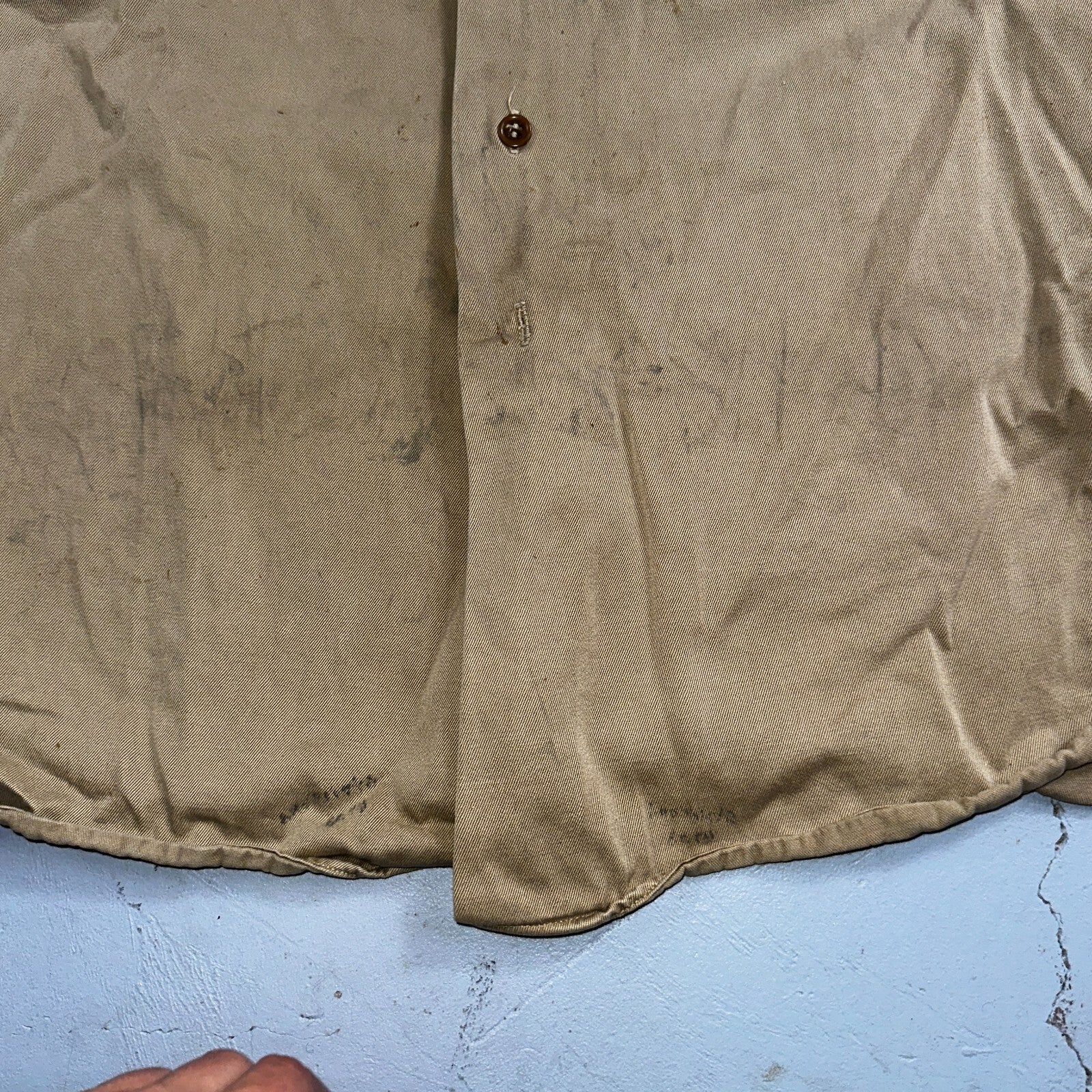 Vintage 40s WWII Gusset Khaki Work Army Military Button Shirt Stencil USN